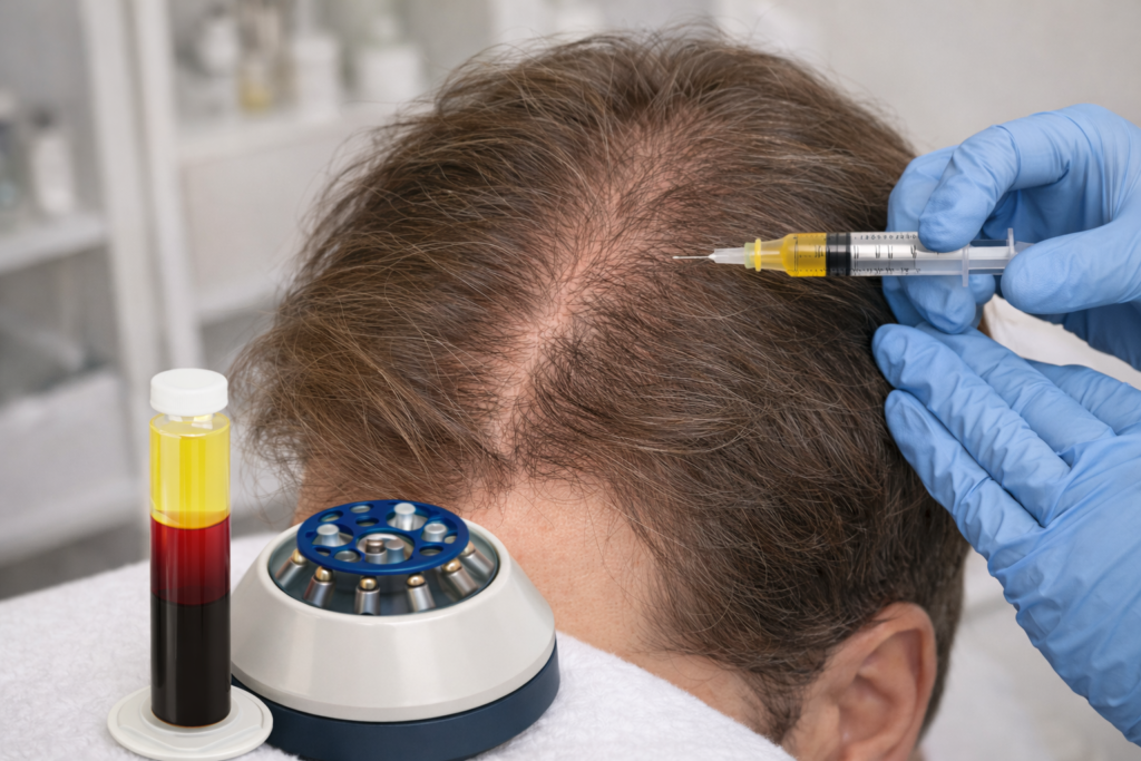 PRP hair loss treatment being performed with platelet rich plasma injections to stimulate hair growth